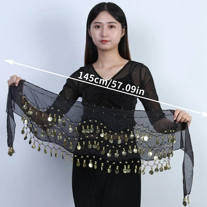 dancers  
Sexy Women Belly Dance Chiffon Skirt Gold Sequins Waist Chain Tassel Belts Clubwear Indian Dance Practice Performance Hip  Scarf