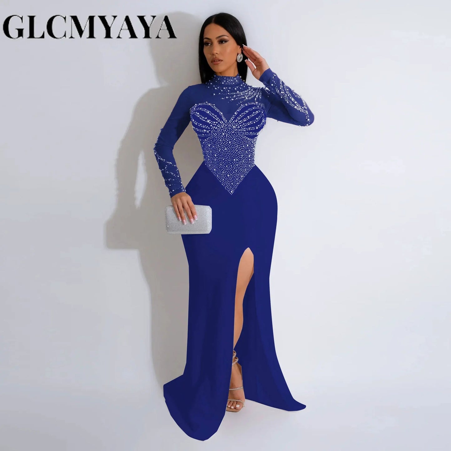 CMYAYA Elegant Wedding Even Mesh See Through Patchwork Long Dress Women Diamonds Rhinestone Mermaid Prom Formal Birthday Luxury