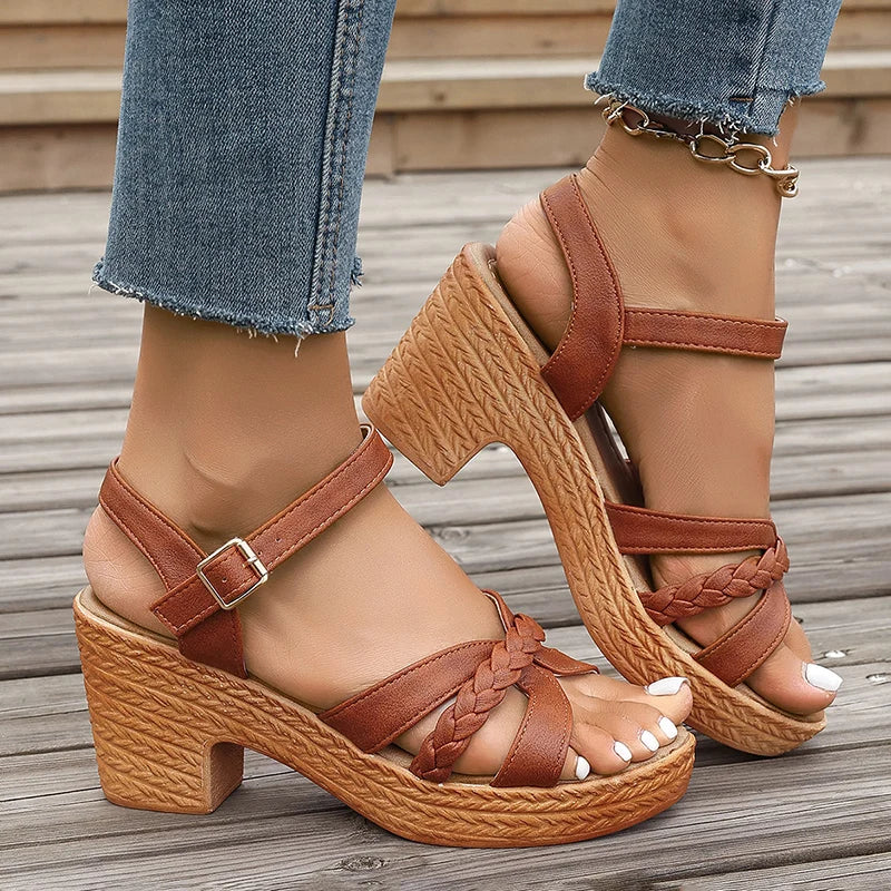 WOMEN SANDALS Lightweight High Heeled Sandals for Women 2024 Summer Ankle Buckle Female Gladiator Sandal Woven Platform Sandles Woman