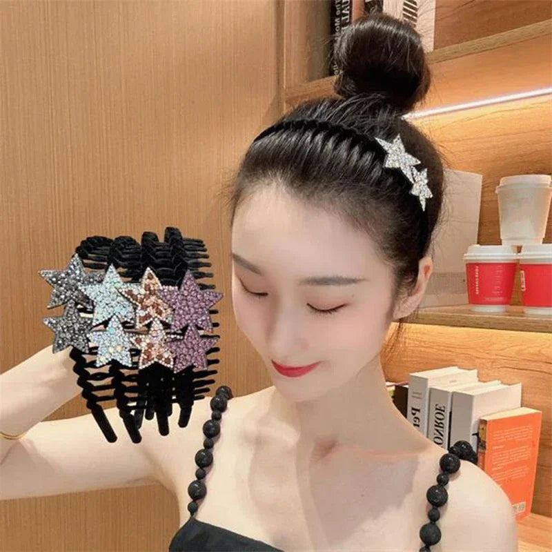 Elegant Look Rhinestone Double-star Hair Hoops Bands Flocking Face Wash Hair Bands for Women Teeth Comb Headband Luxury Hair Hoop Accessories