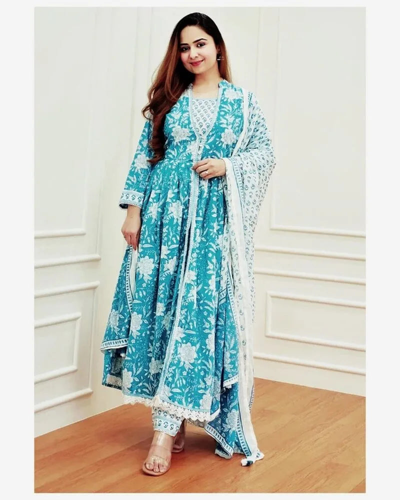 India and Pakistan Clothing 
Indian Party Clothing Cotton Anarkali Printed Salwar Kameez Kurti Pants and Dupatta Set