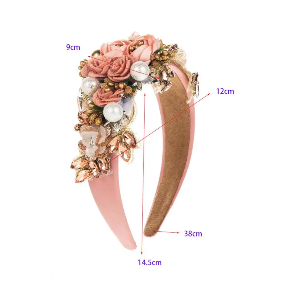 Elegant Look Vintage Headband Wide Vintage Luxury Women's Hair Hoop with Fake Flower Faux Pearl Shiny Rhinestone Decor Colorful Anti-slip