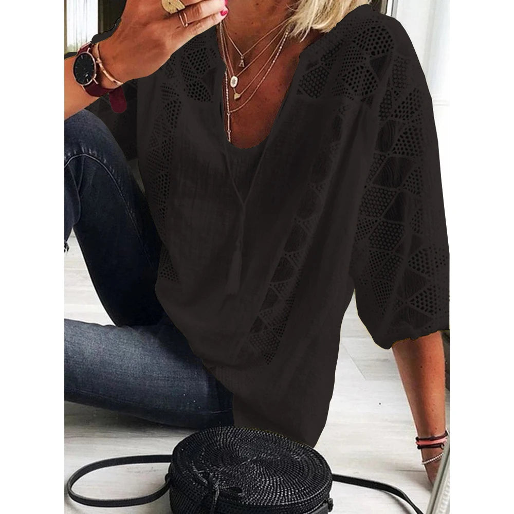 Plus Size Womens 3/4 Sleeve Solid Cotton Lined Tops Ladies Casual Loose Autumn Tunic T Shirt High Quality Clothing  L-5XL 2023