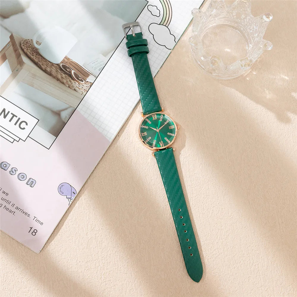 Women Watch Luxury Ladies Brand Diamond Roman Design Lady Watches Dress Quartz Watch Fashion Green Leather Strap Women Wristwatches