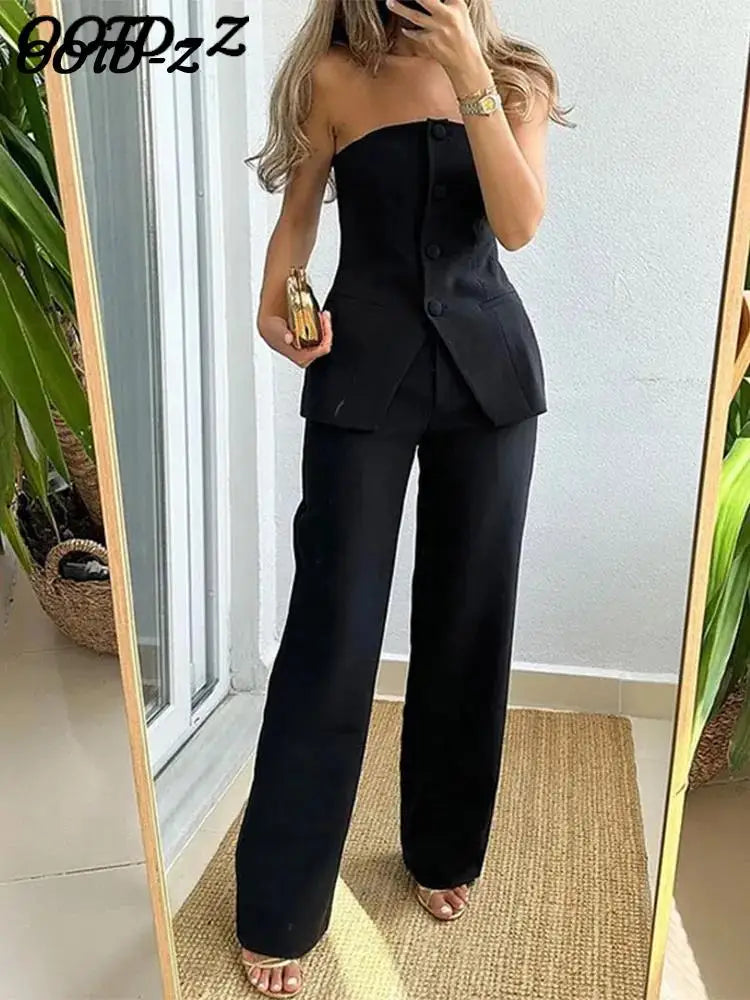 Pant-Sets Elegant Sleeveless Top Pants Sets Women Green Single Breasted Tops High Waist Wide Leg Pant Lady Suit 2024 Spring Two Piece Set