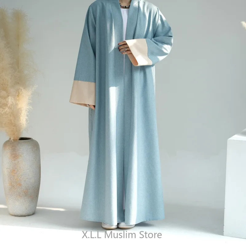 Linen Open Abaya Elegant Kaftan Cardigan Kebaya Islam Dubai 2024 Luxury Prayer Clothes Long Loose Women Robe Clothing With Belt