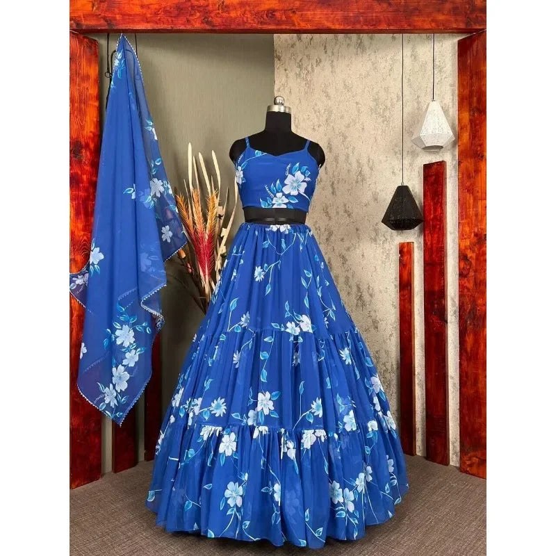 India and Pakistan Clothing 
Blue Print Lehenga Choli Strap Blouse Flower Print Dress Indian Clothing Semi Stitch