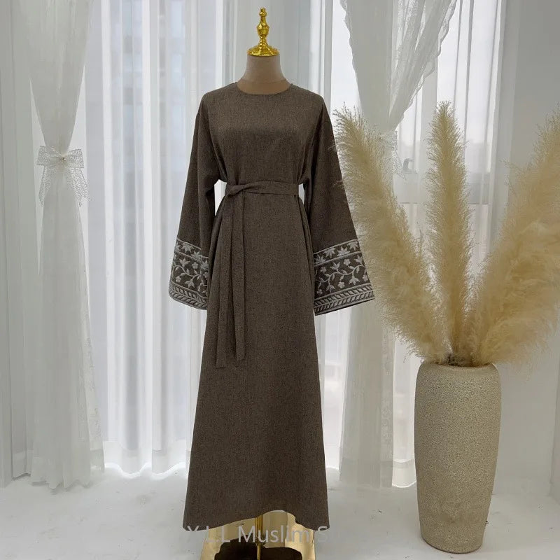 Linnen Abaya Floral Embroidery Muslim Party Dresses Woman's Prayer Garment Kebaya Dubai 2024 Luxury Long Loose Robe Clothing