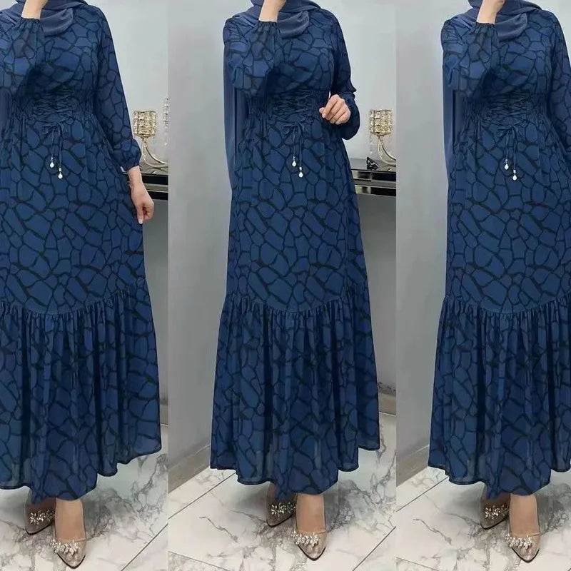 Printed Slim-fit Dress for Women Abaya Islam Muslim Long Sleeve Maxi Dress Kebaya Abayas for Women Kaftan Robe Musulmane Femme