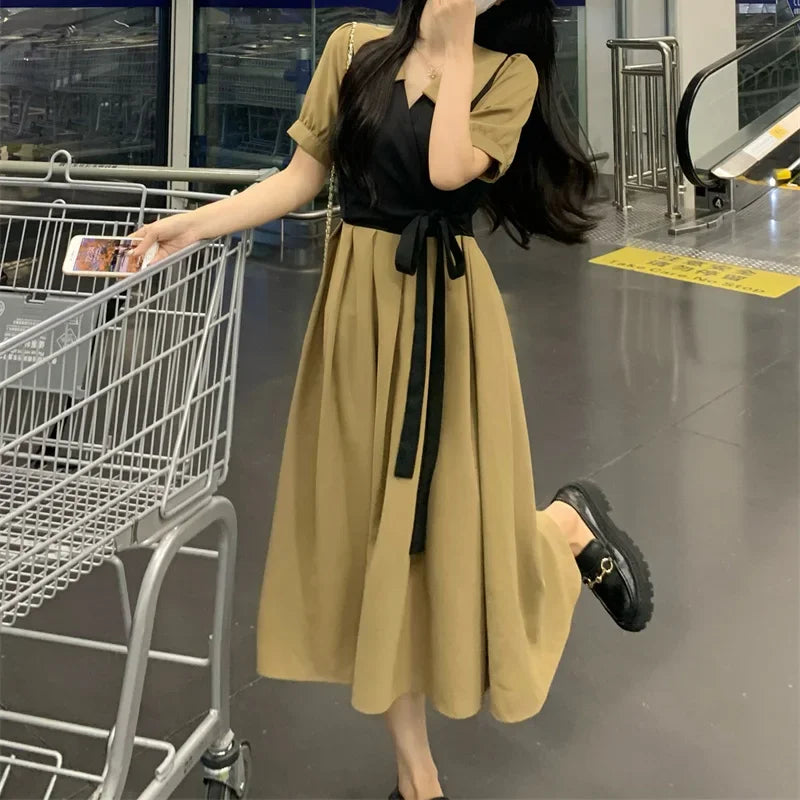 Summer Women Daily Slim Fit Ruched Dresses Lady Versatile Satin Outfits Midi Dresses Female Gentle Formal Occasion Tie Up Dress