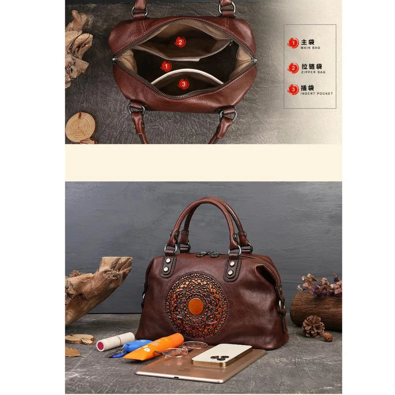 Handbags MOTAORA Retro Handmade Women Handbag For Ladies Genuine Leather Should Bags Bohemian Style Soft Cow Boston 2024 Luxury Handbags