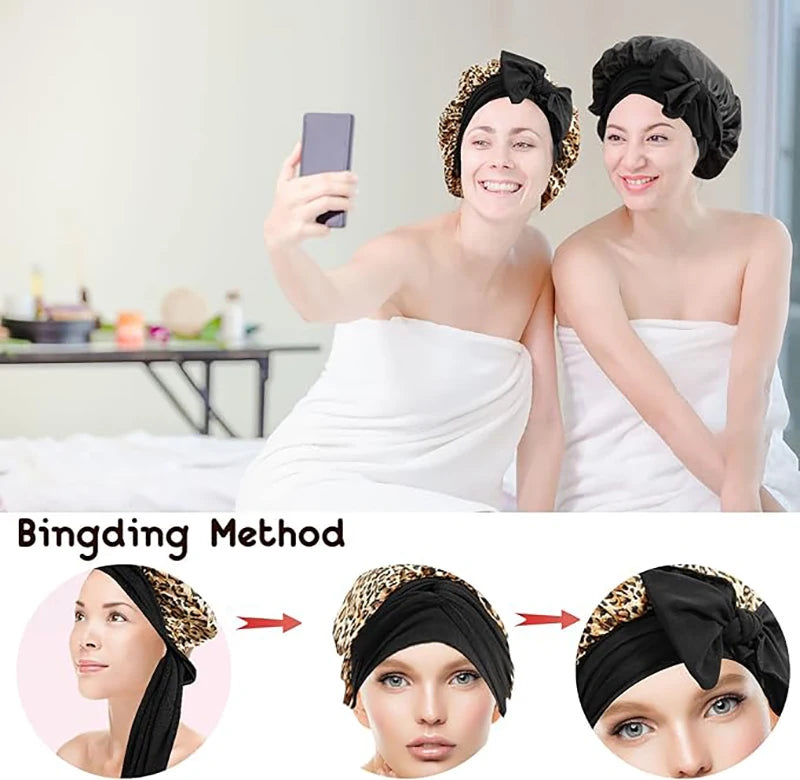 Elegant Look New Women print Satin Sleeping Cap Silky Nightcap Bonnet With Headband Adjustable Night Sleep Cap Soft Headcover Shower Turban