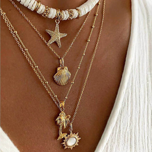 Necklaces Women Fashion New Bohemia Soft Clay Shell Star Sun Pendant Chain Layered Necklace for Women Girls Summer Beach Simple Layered Necklace