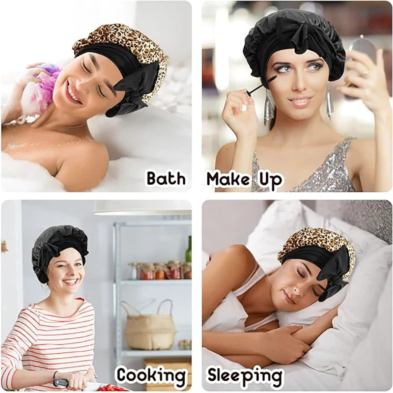 Elegant Look New Women print Satin Sleeping Cap Silky Nightcap Bonnet With Headband Adjustable Night Sleep Cap Soft Headcover Shower Turban