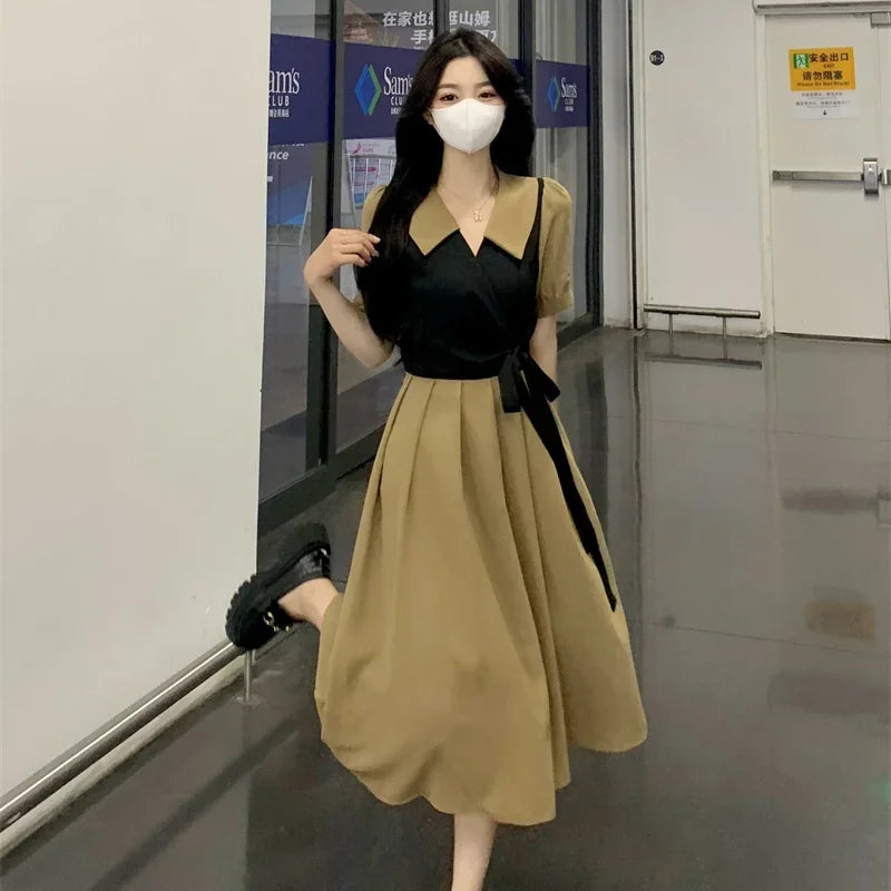 Summer Women Daily Slim Fit Ruched Dresses Lady Versatile Satin Outfits Midi Dresses Female Gentle Formal Occasion Tie Up Dress