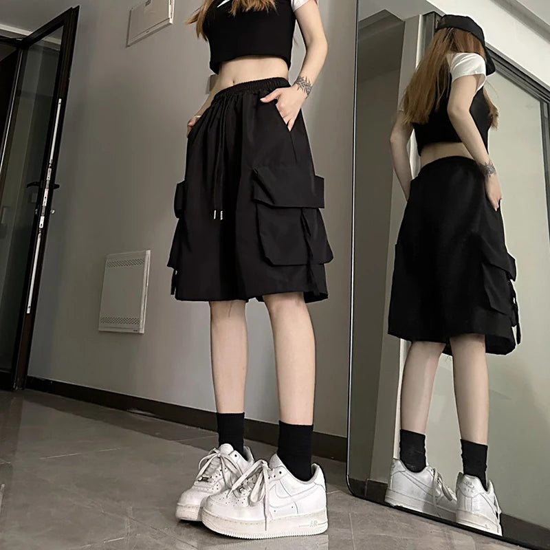 Shorts American Style Streetwear Summer Wide Leg Pants Fashion Female Big Pocket Loose Shorts New