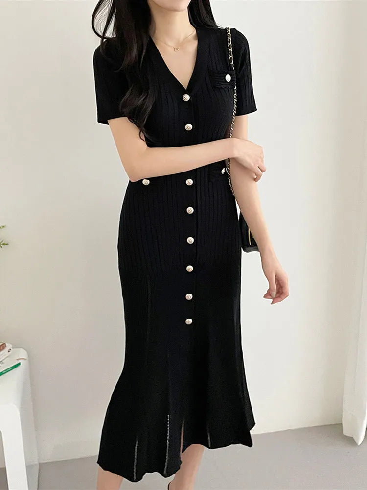 Knitted-Dress Summer Midi Dress Knitted Black Bodycon Korea Style