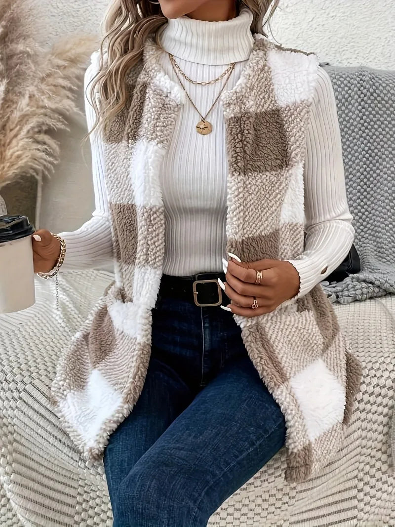 Plus Size 1XL-5XL Casual Jacket  Women's Plaid Print Teddy Fleece Open Front Round Neck Vest Jacket