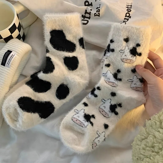 Stockings 
Cozy & Cute Cow Print Women's Fleece Socks - Thickened Warmth, Durable Long Cotton Stockings, Single Pair