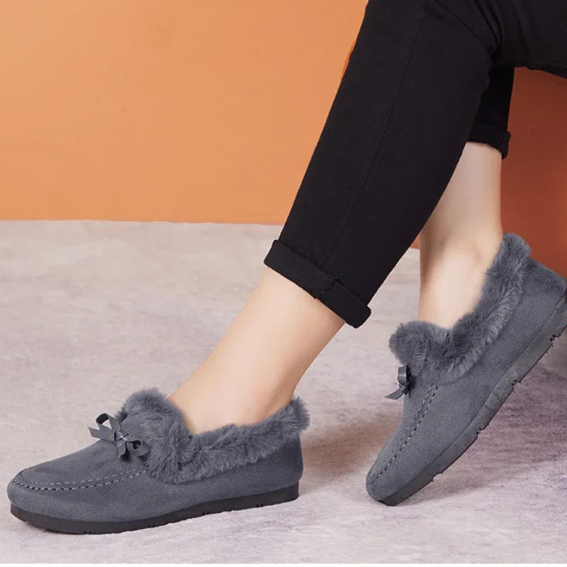 loafers Shoes Women Winter Casual Shoes New Moccasins Soft Flat Non-slip Loafers Fashion Comfort Warm Plush Bow Slip on Female Cotton Shoes