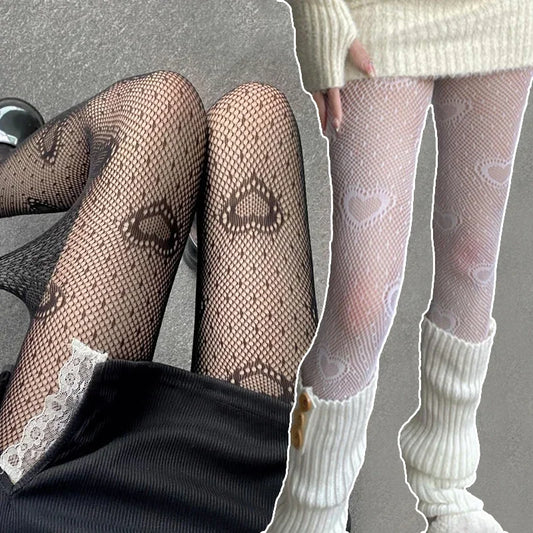 Tights 
Heart Flower Mesh Stockings Japanese Girl Lolita Ins Tights White Fishnet Pantyhose Female for Women Summer Legging Stocking