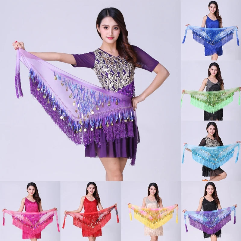 dancers  
Women Belly Dance Hip Scarf Sequins Mesh Triangle Wrap Skirts