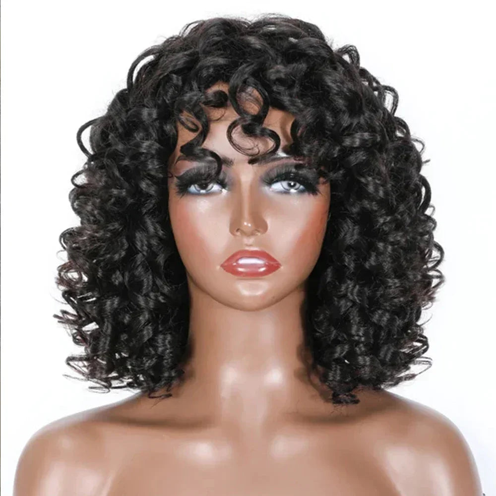 Hair Extensions and Wigs
Short Bouncy Curly Human Hair Wig With Bangs Easy to Wear Glueless Short Bob Curly Human Hair Wig Machine Made Afro Wig For Wome