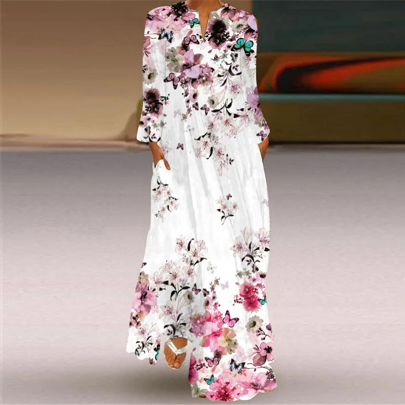 Plus Size Women Dress Autumn Winter Floral Printed Maxi Dresses Casual V Neck Full Sleeve Boho Beach Party Long Dress