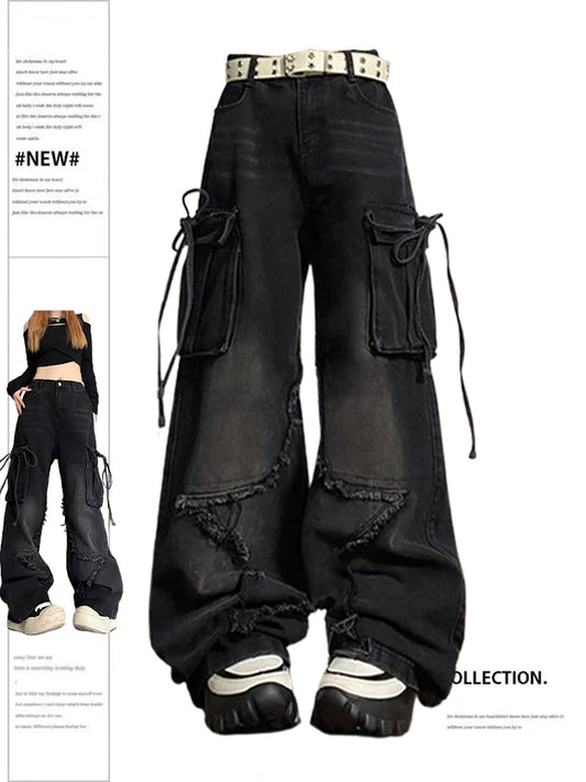 pants Women's Black Gothic Baggy Cargo Jeans with Star