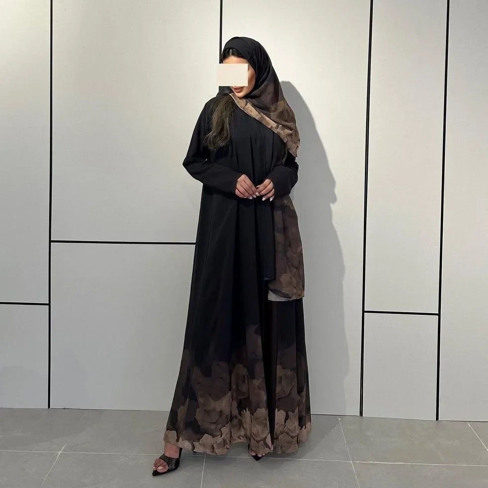 Elegant Abaya Dubai Women Luxury Printed Open Kimono Muslim Dresses With Scarf Modesty Robe Khimar Set Islamic Kebaya Clothing