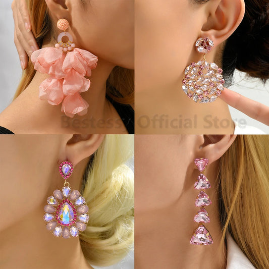 Earring  Pink Luxury Crystal Drop Earrings For Women 2023 Trend Flower Petals Feather High Quality Ear Ring Party Romantic Jewelry Gifts