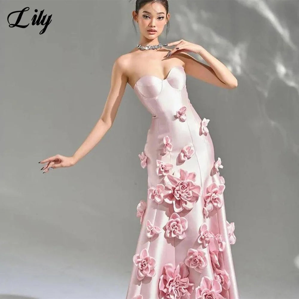 Lily Pink Stain Prom Dress Sweetheart Party Dresses Sleeveless Celebrity Gowns 3D Flowers Wedding Party Dress вечерние платья