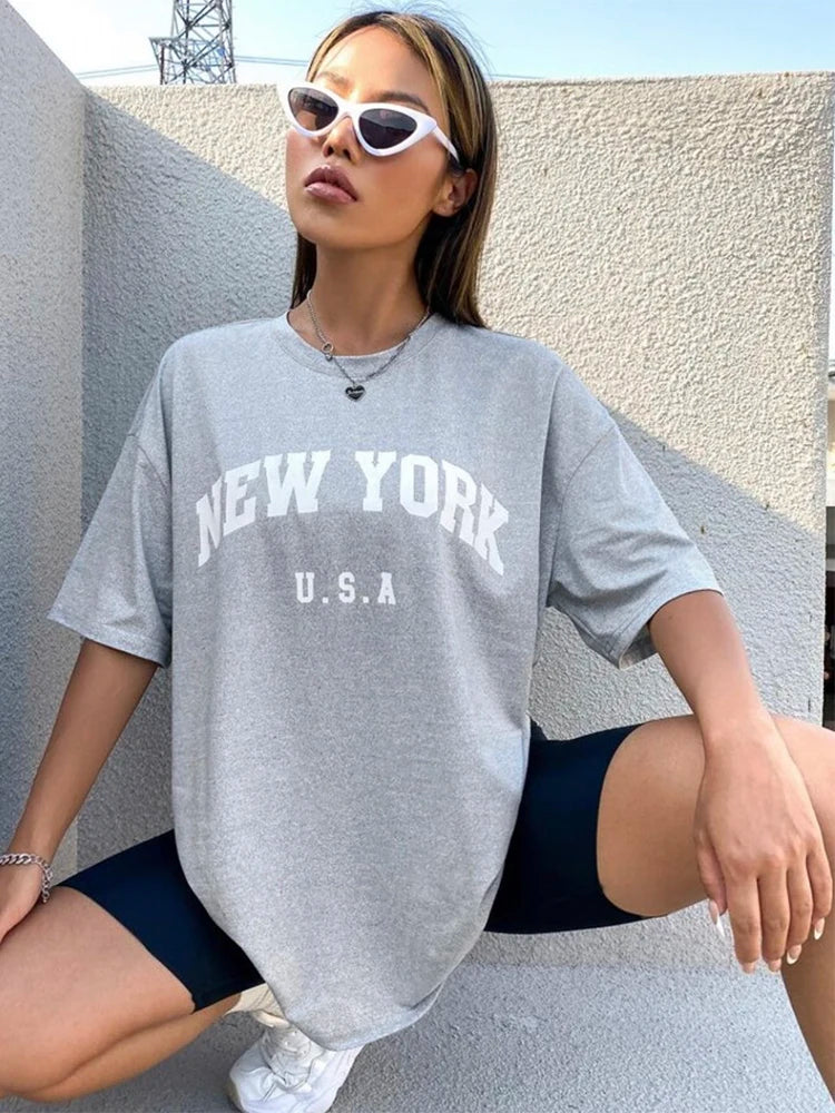 Plus Size Blessyuki New York Letter Print T-shirts Female Summer Basic O-neck Tees Casual Retro Streetwear Ladies Harajuku Plus Size Tops