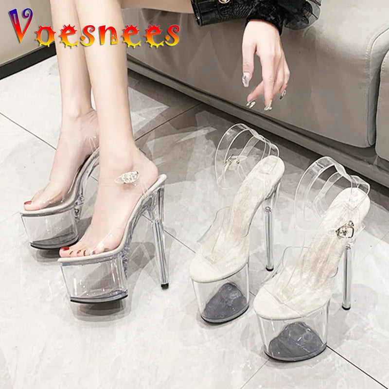 WOMEN SANDALS 20CM PVC Anti-skid Pole Dance Pumps Women's Thin Heel Sexy Transparent Crystal Shoes Waterproof Platform 17CM High Heels Sandals