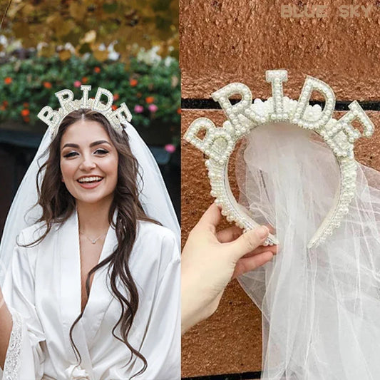 Elegant Look Bride To Be Pearl Crown Headband with Veil Mrs WIFEY Luxury Bridal Hair Accessories Wedding Engagement Dinner Decoration Gift