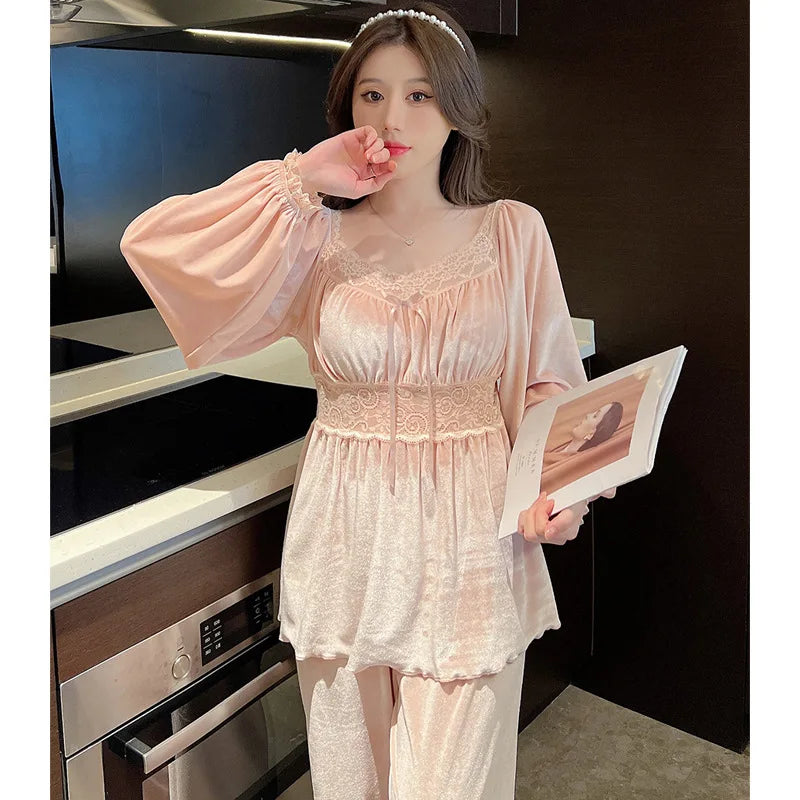 Winter Warm Sleepwear 
Elegant Ladies Sleepwear Set Casual Pijama Mujer V Neck Long Sleeve Pajamas Women Autumn Winter Gold Velvet Warm Home Clothes