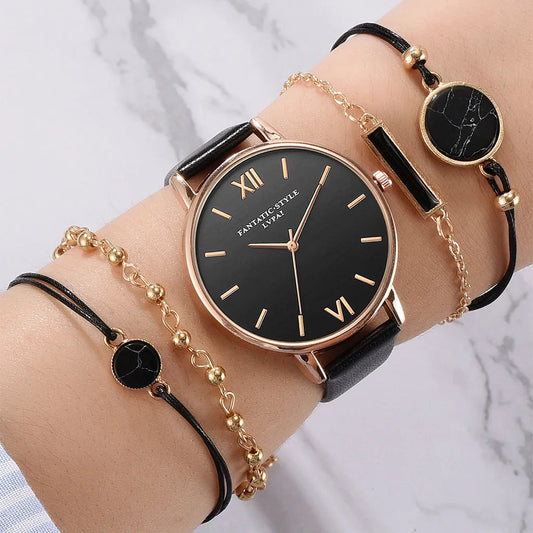 Women Watch Luxury Band 5pcs Set Top Style Fashion Women's Leather Analog Quartz WristWatch Women Dress Reloj Mujer Ladies Watch Black Clock