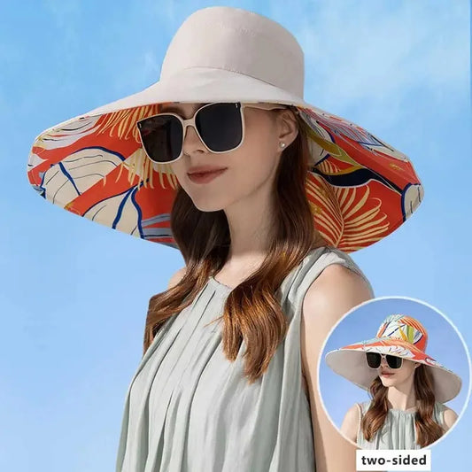 Hat 18cm Large Brim Women Sun Hat Luxury Double Sided Wearable Plant Printing Cotton Bucket Cap Light Breathable Summer Top Hat