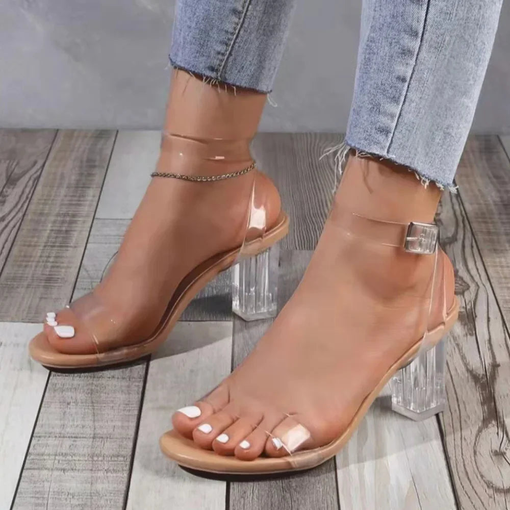 WOMEN SANDALS PVC Jelly Crystal Chunky Heel Transparent Sandals Fashion Sexy Summer High Heels Sandalias Female Pumps Zapatillas Mujer