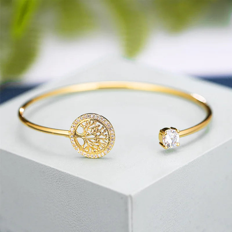 Bracelets Luxury Woman New Trendy Gold Color Zircon Tree of Life Bracelet for Women Charm Crystal Stainless Steel Cuff Bangles Luxury Jewelry Gift