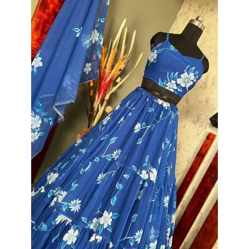 India and Pakistan Clothing 
Blue Print Lehenga Choli Strap Blouse Flower Print Dress Indian Clothing Semi Stitch