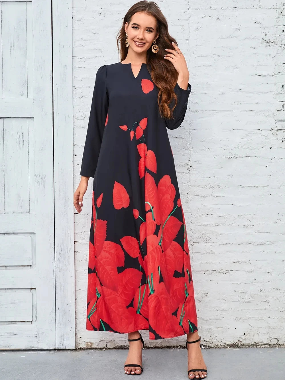 Plus Size Women Dress Autumn Winter Floral Printed Maxi Dresses Casual V Neck Full Sleeve Boho Beach Party Long Dress