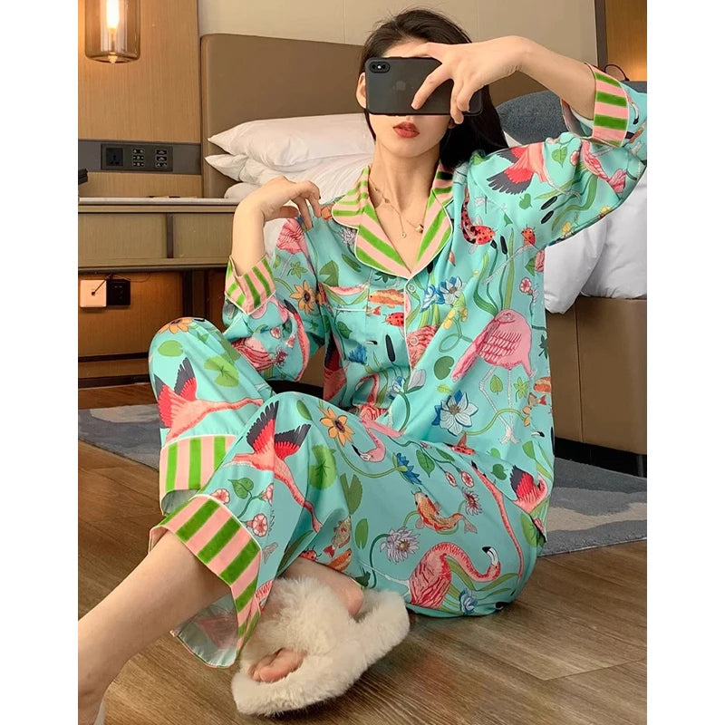 Pajama Sets 
Elegant Design Bird of Fire Cartoon Print Women's Pajamas Fashion Y2k Classical Lounge Sleepwear 2024 New Spring/Fall Housewear