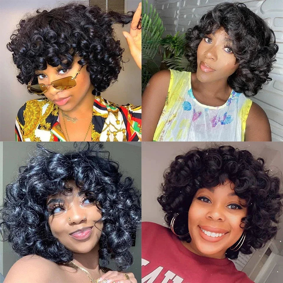 Hair Extensions and Wigs
Short Bouncy Curly Human Hair Wig With Bangs Easy to Wear Glueless Short Bob Curly Human Hair Wig Machine Made Afro Wig For Wome