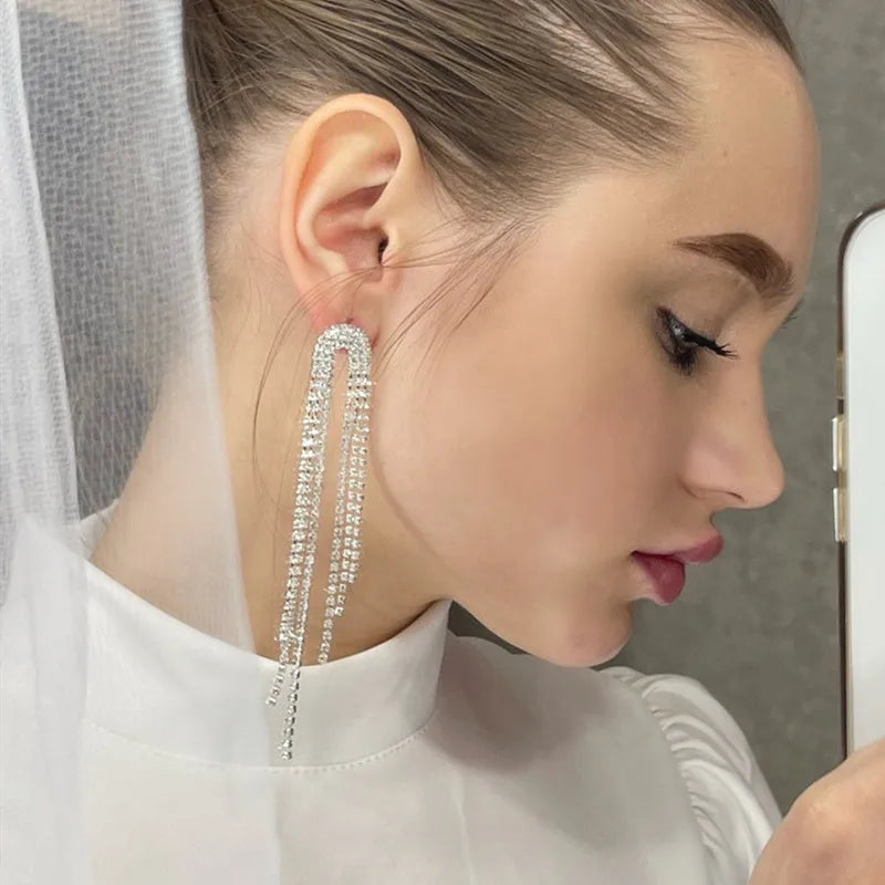 Earring  New Luxury Rhinestone Crystal Long Tassel Earrings for Women Bridal Drop Dangling Earrings Party Wedding Jewelry Gifts