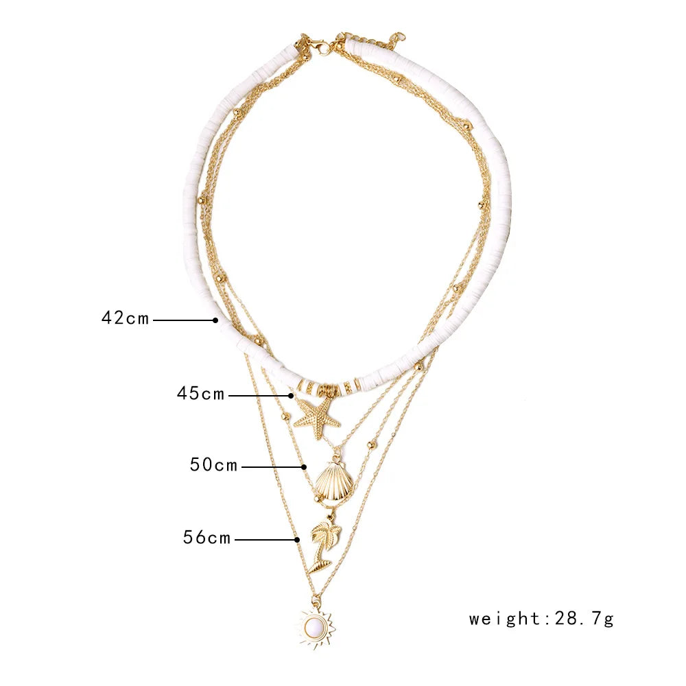 Necklaces Women Fashion New Bohemia Soft Clay Shell Star Sun Pendant Chain Layered Necklace for Women Girls Summer Beach Simple Layered Necklace