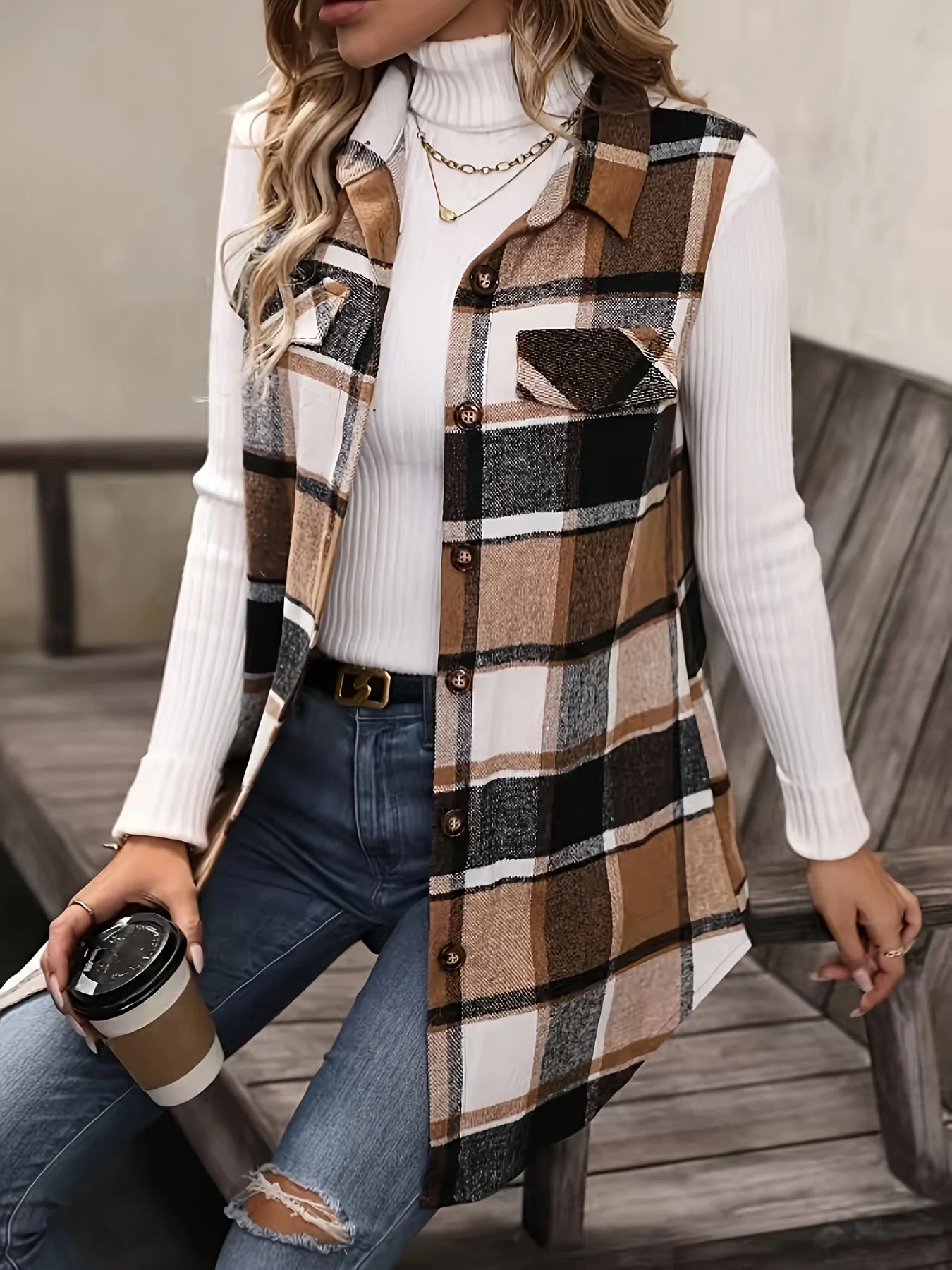 Plus Size Women Plus size Plaid Print Flap Detail Sleeveless Coat