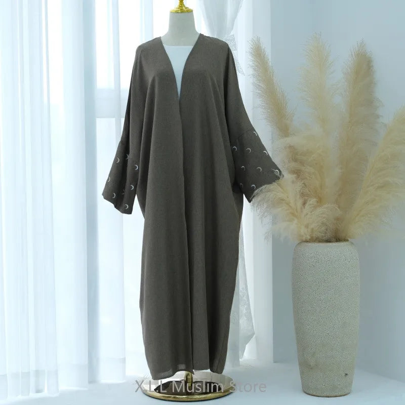 Eid Moon Embroidery Open Abaya Dubai Luxury Kimono Coat With Hijab Kebaya Kaftan Baggy Abaya Modest Robe De Priere Muslim Dress