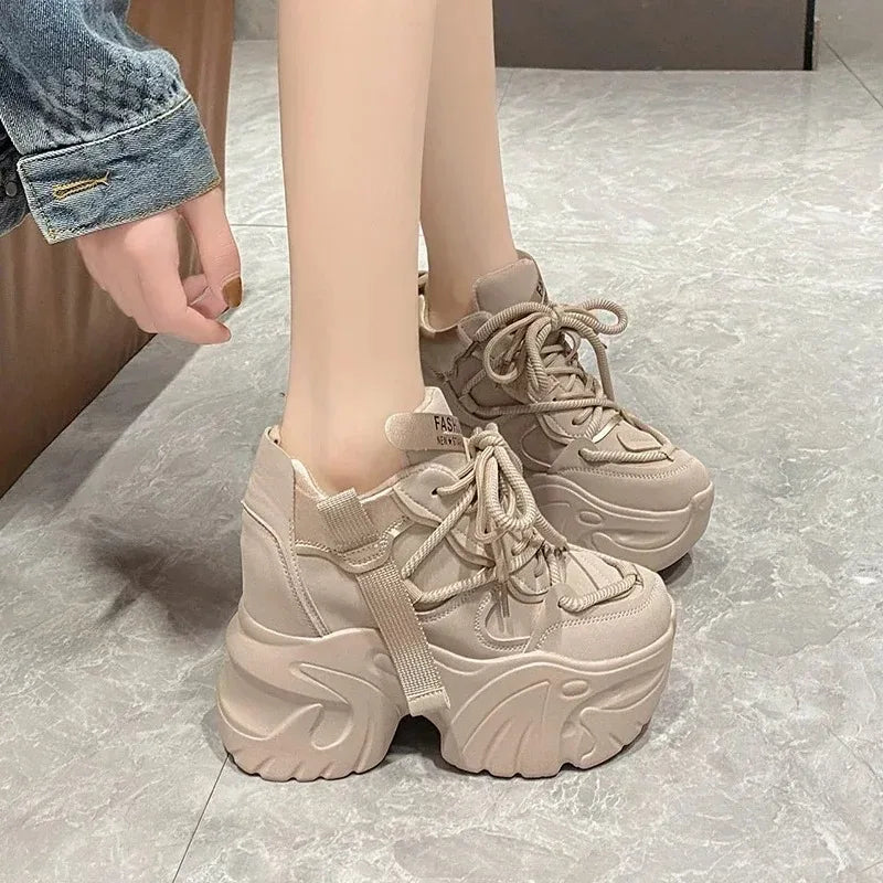 Sneaker women Walking Sneakers Autumn Lace-up High Platform Chunky Shoes Breathable Leather Shoes 10CM Winter Wedge Heels Casual Shoes