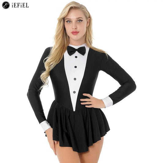 dancers  
Womens Tuxedo Bow Tie Collar Modern Dance Costume Long Sleeve Latin Jazz Ballet Competition Performance Dress Leotard Dancewear